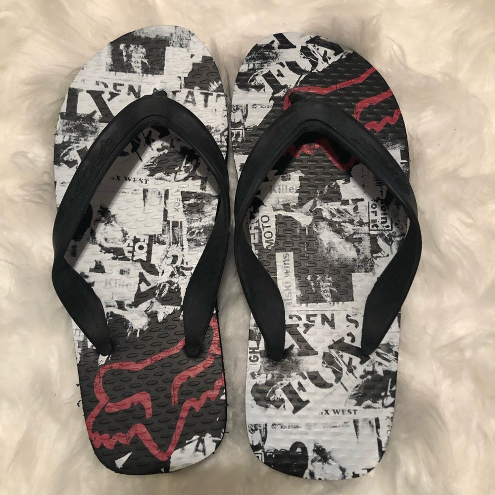Fox Racing mens collage flip flops black size 7.